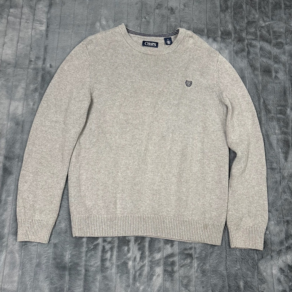 Chaps Mens Crew Neck Sweater Beige Tan Heather Cotton Knit Logo Pullover Size M